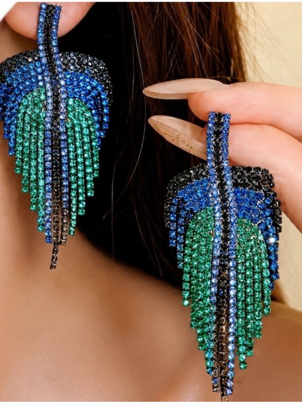Blue Green Crystal Fringe Earrings